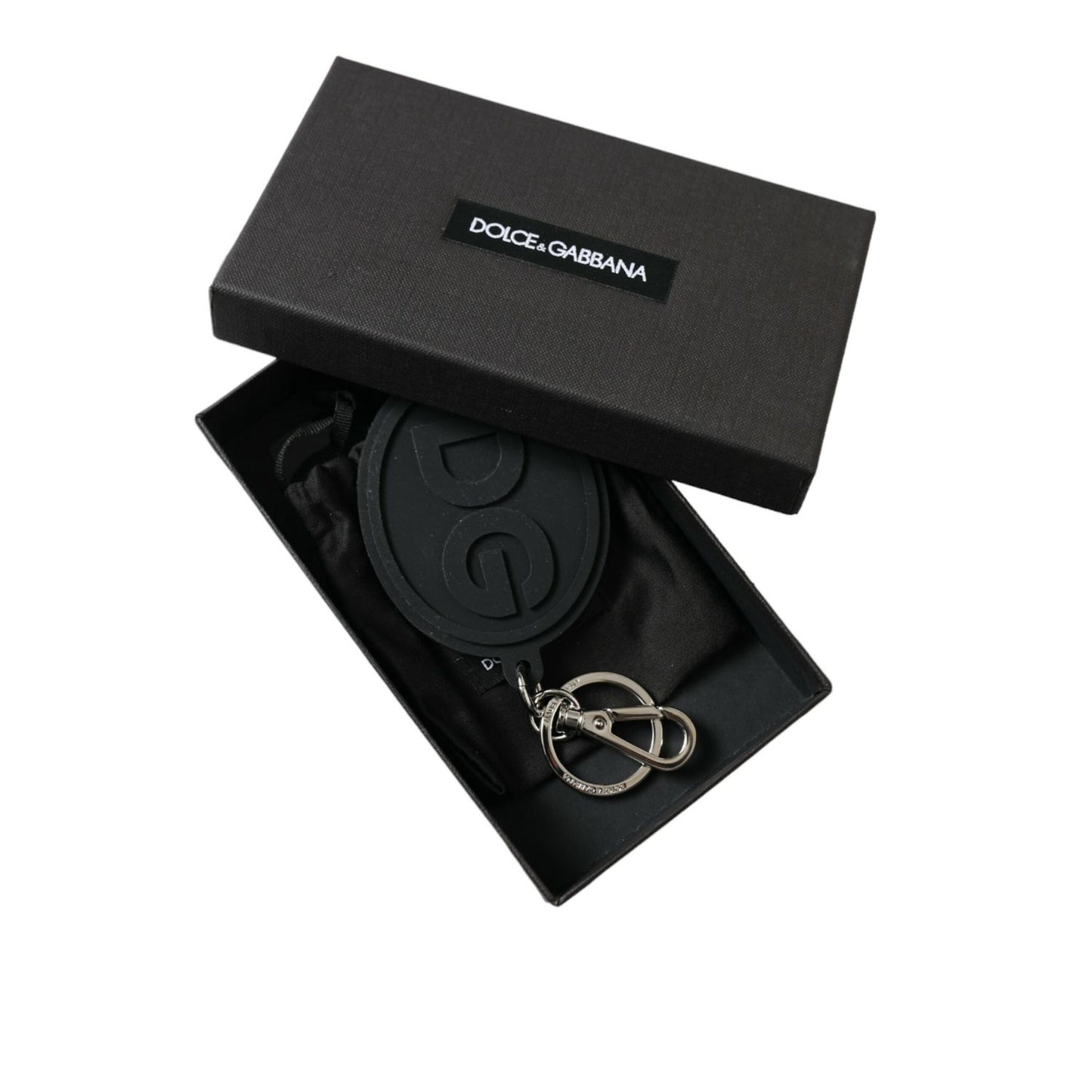 Dolce & Gabbana Black Rubber DG Logo Silver Brass Metal Keyring Keychain