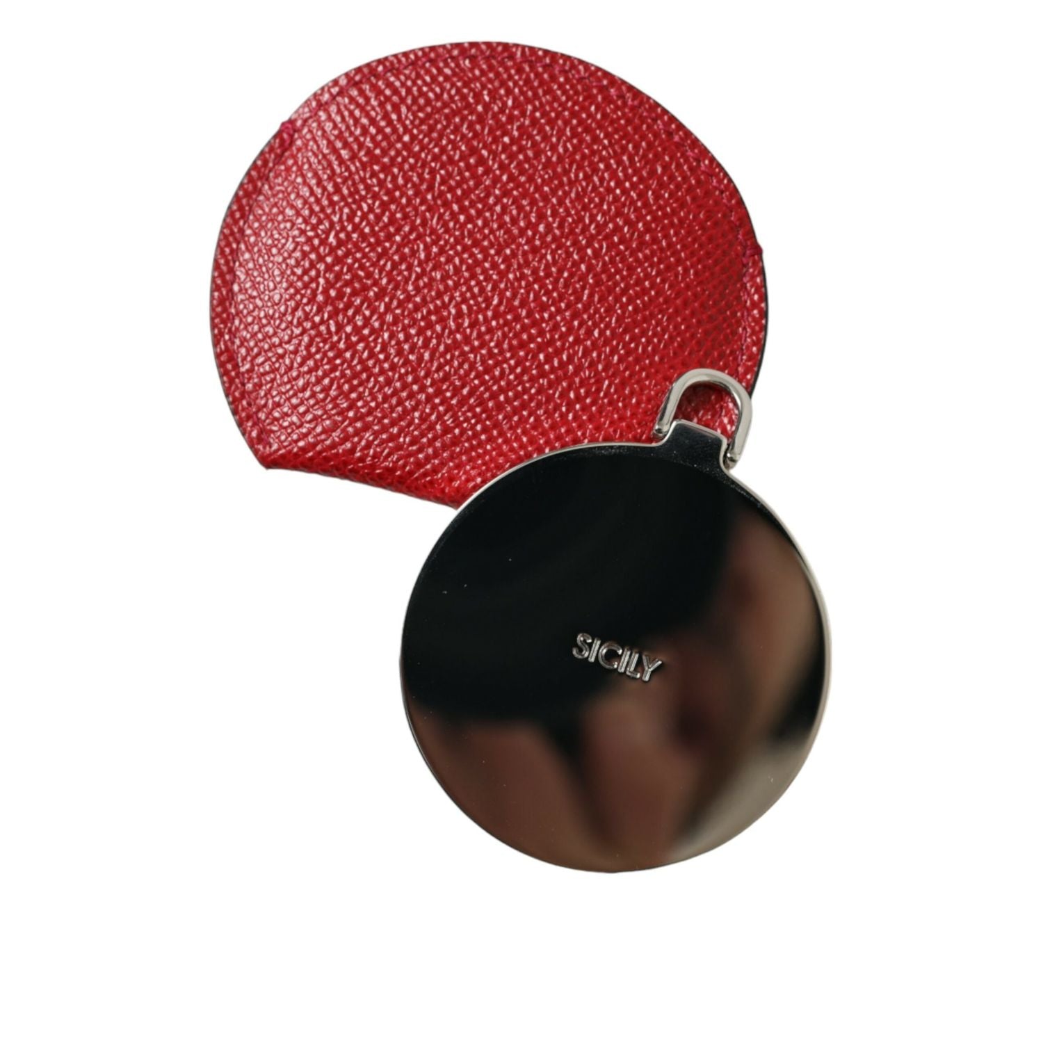 Dolce & Gabbana Red Calfskin Leather Round Logo Hand Mirror Holder