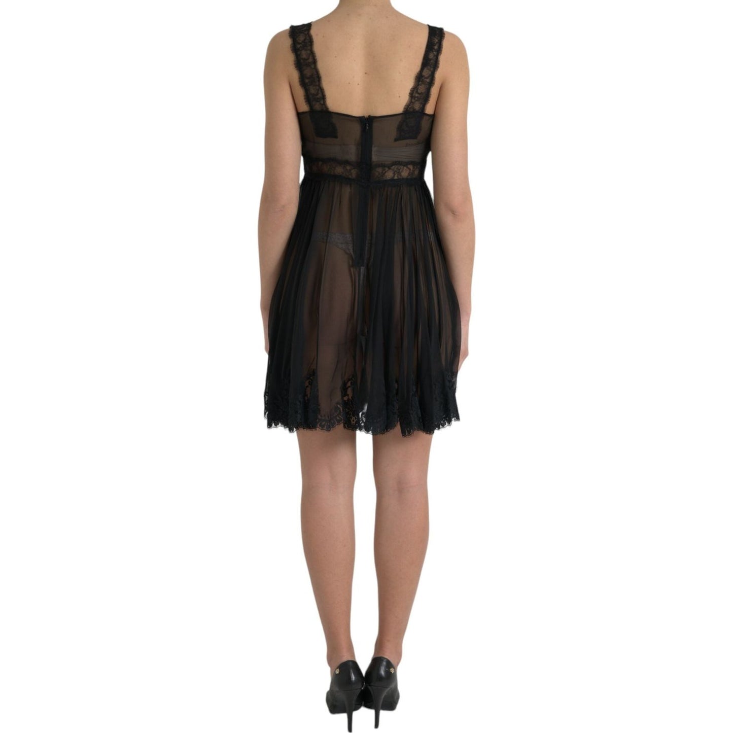 Dolce & Gabbana Black Silk Pleated Lace Chiffon Mini Dress DR281127-42