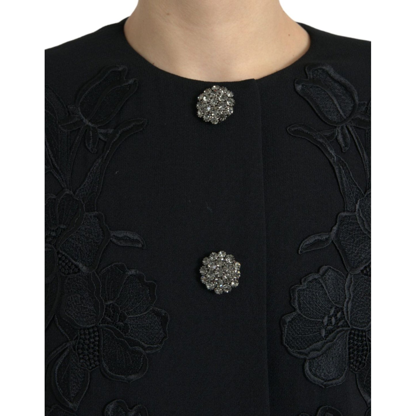 Dolce & Gabbana Black Floral Wool Button Embellished Jacket