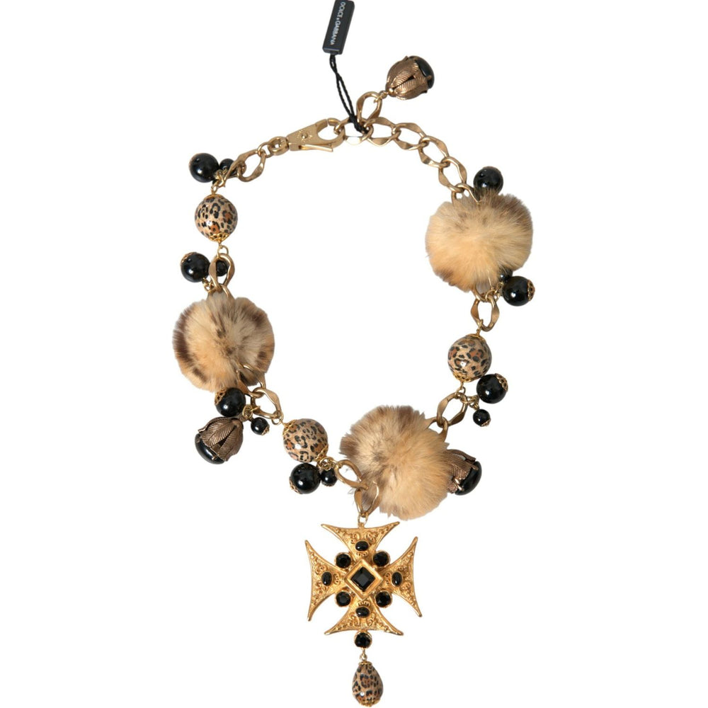 Dolce & Gabbana Gold Black Crystals Lapin Fur Filigree Chocker Necklace Necklace