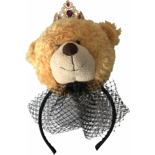 Dolce & Gabbana Brown Teddy Bear Gold Crystal Crown Hair Band Diadem