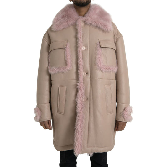 Dolce & Gabbana Beige Pink Lamb Leather Shearling Coat Jacket Dolce & Gabbana Rosy Brown
