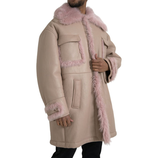 Dolce & Gabbana Beige Pink Lamb Leather Shearling Coat Jacket Dolce & Gabbana Rosy Brown