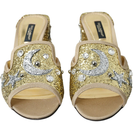 Dolce & Gabbana Gold Sequin Leather Heels Sandals Shoes Dolce & Gabbana Rosy Brown