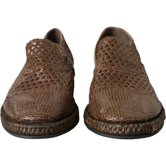 Dolce & Gabbana Brown Woven Leather Loafers Casual Shoes Dolce & Gabbana Dark Olive Green