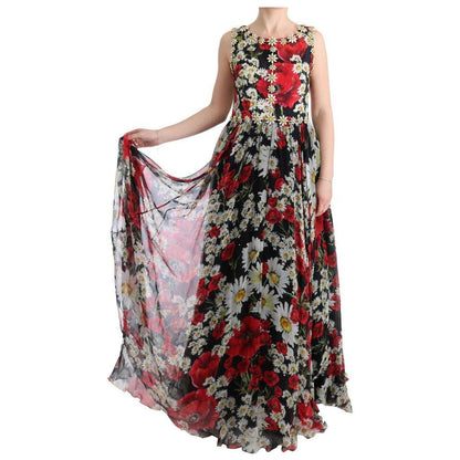 Dolce & Gabbana Multicolor Silk Floral Crystal Long Maxi Dress
