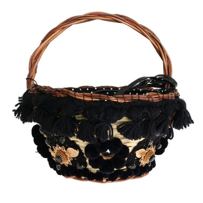 Dolce & Gabbana Beige Straw Snakeskin Pom Pom Crystal AGNESE Bag
