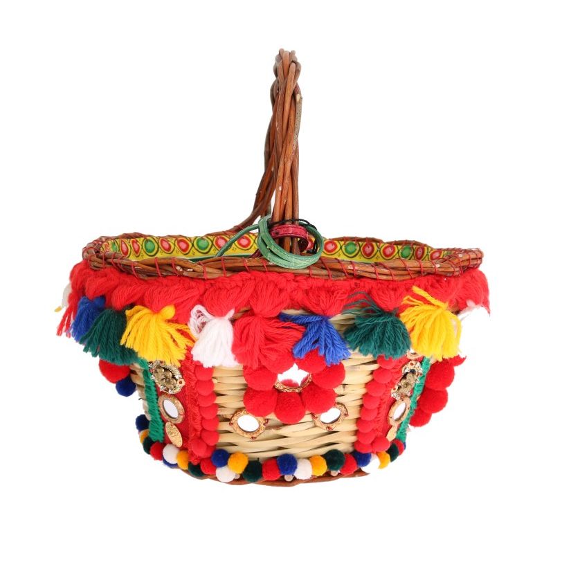 Dolce & Gabbana Multicolor AGNESE Straw Crystal  Pom Pom Bag