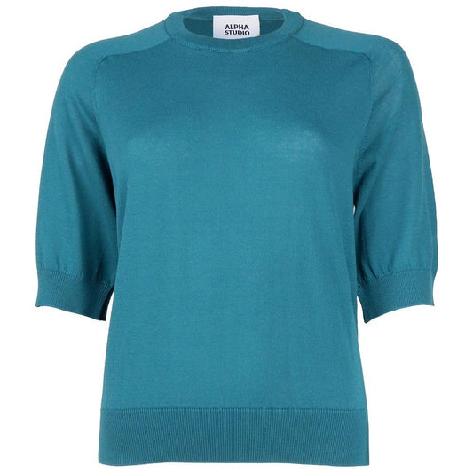 Alpha Studio Green Cotton Sweater Alpha Studio Steel Blue