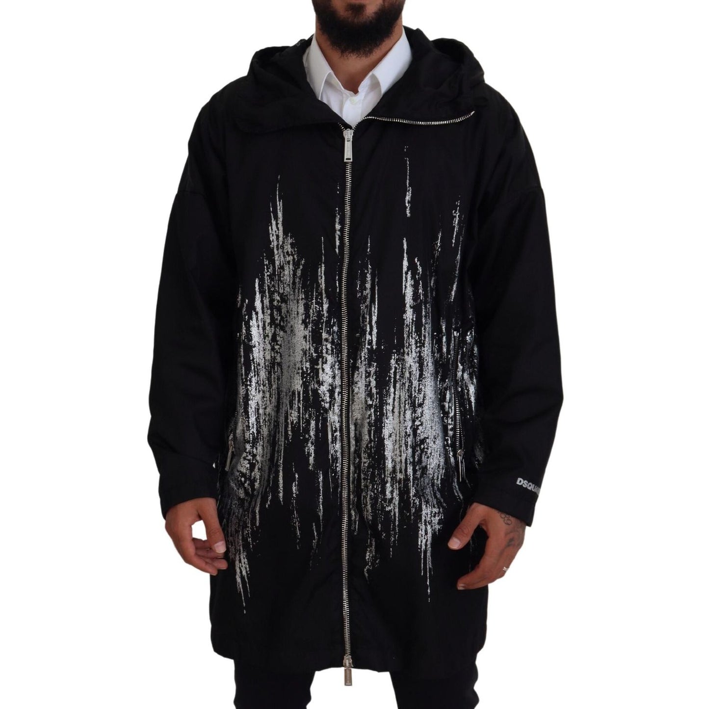 Dsquared² Black White Print Long Hooded Coat Nylon Jacket
