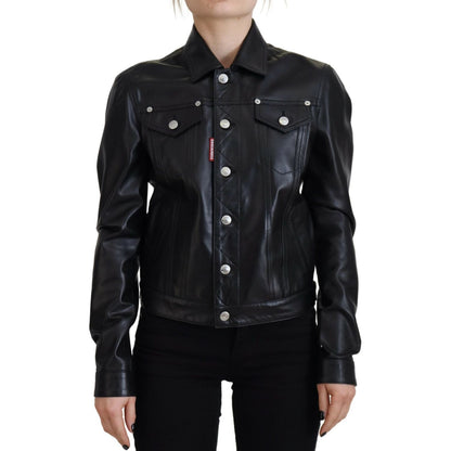 Dsquared² Black Leather Collared Long Sleeves Jacket