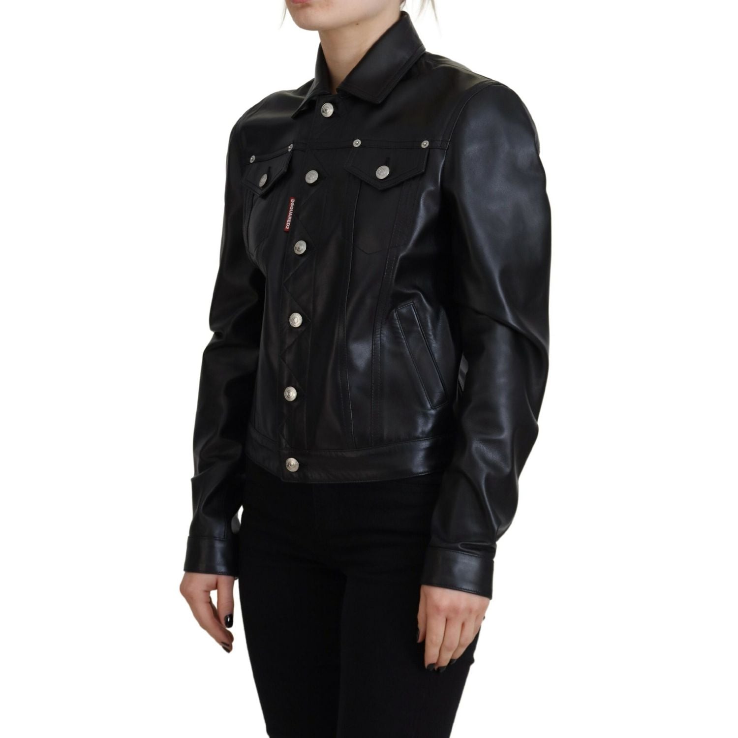 Dsquared² Black Leather Collared Long Sleeves Jacket