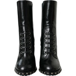 Dolce & Gabbana Black Leather Studded Lace Up Boots Shoes