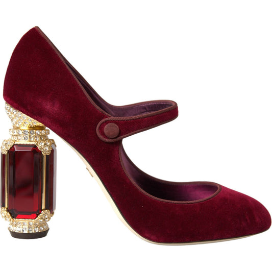 Dolce & Gabbana Red Velvet Gold Crystals Heels Mary Jane Shoes Dolce & Gabbana Dark Red