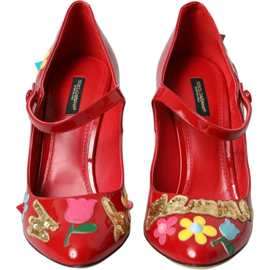 Dolce & Gabbana Red Leather Embellished Mary Jane Pumps Heels Shoes Dolce & Gabbana Firebrick