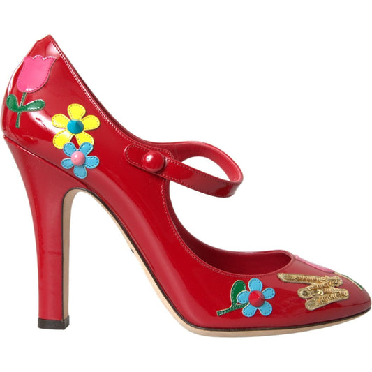 Dolce & Gabbana Red Leather Embellished Mary Jane Pumps Heels Shoes Dolce & Gabbana Brown