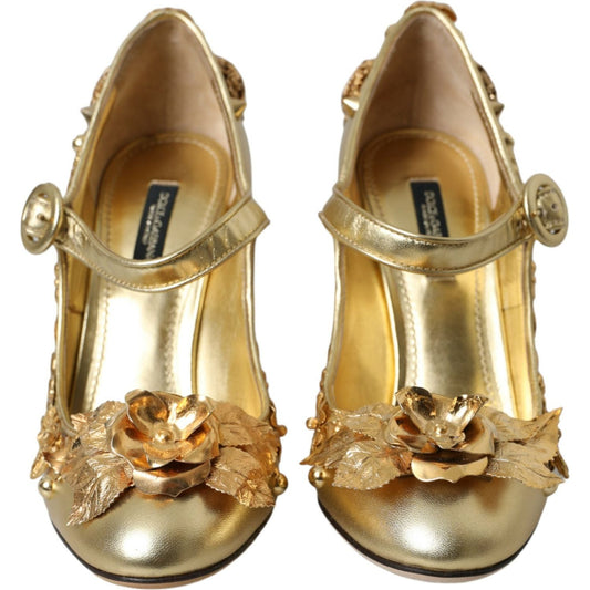 Dolce & Gabbana Gold Leather Crystal Mary Janes Pumps Shoes Dolce & Gabbana Dark Khaki