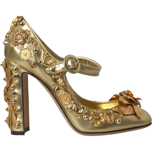 Dolce & Gabbana Gold Leather Crystal Mary Janes Pumps Shoes Dolce & Gabbana Dim Gray