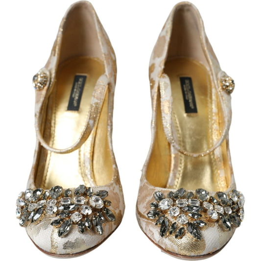 Dolce & Gabbana Gold Jacquard Crystal Mary Janes Pumps Shoes Dolce & Gabbana Rosy Brown