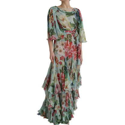 Dolce & Gabbana Blue Floral Print Tiered Long Maxi Dress