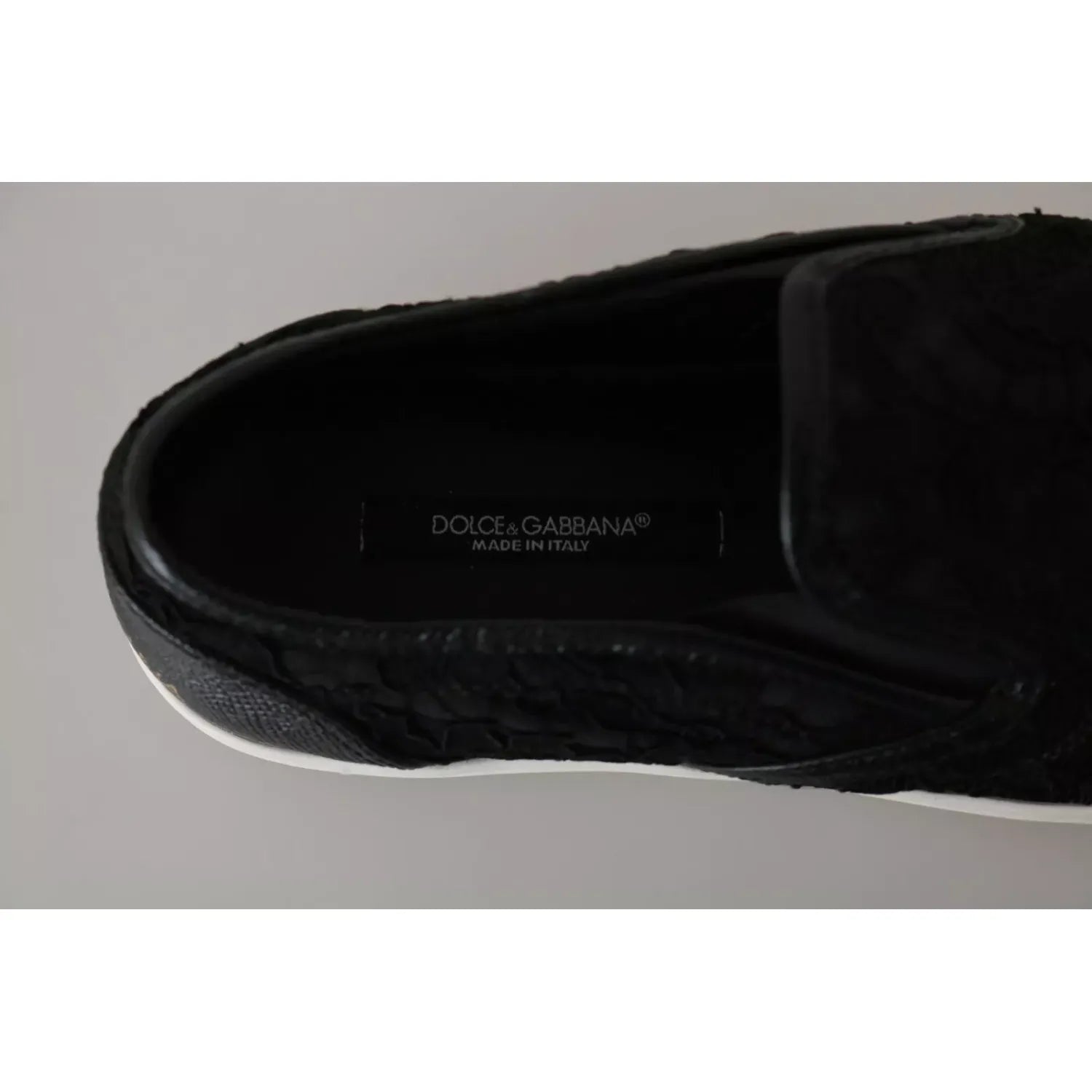 Dolce & Gabbana Black Lace Leather Logo Flat Slip-On Sneakers