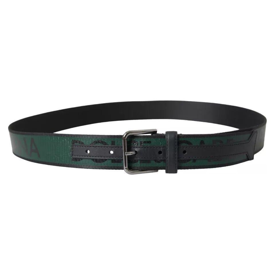 Dolce & Gabbana Black Green Logo Silver Metal Buckle Belt