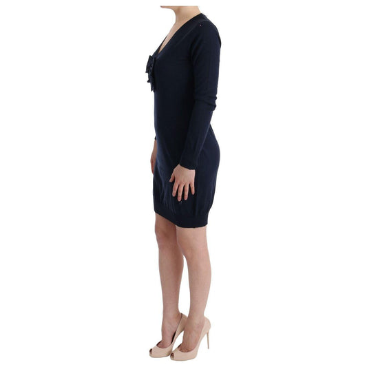 MARGHI LO' Elegant Over Knee Blue Wool Dress MARGHI LO' Black