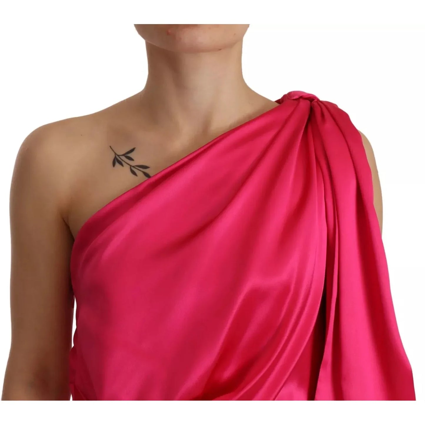 Dolce & Gabbana Silk Pink Fitted Cut One Shoulder Midi Dress DR28278