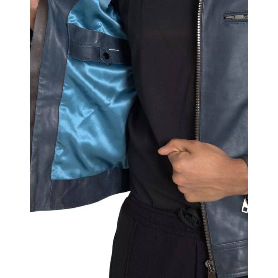 Dolce & Gabbana Blue Leather Full Zip Biker Blouson Jacket