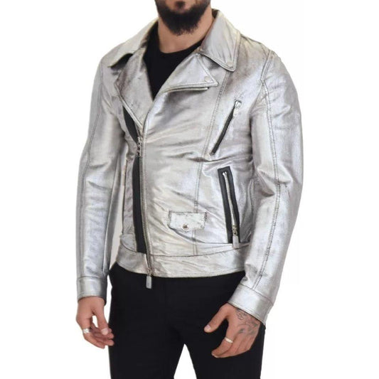 Dolce & Gabbana Silver Leather Biker Coat Lambskin Jacket Dolce & Gabbana Gray