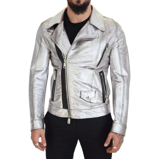 Dolce & Gabbana Silver Leather Biker Coat Lambskin Jacket Dolce & Gabbana Gray