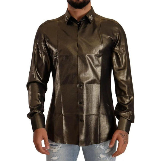 Dolce & Gabbana Metallic Gold DG Embroidered Crown Silk Top Shirt Dolce & Gabbana Dark Slate Gray