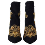 Dolce & Gabbana Black Gold Embroidery Slip On Boots Shoes