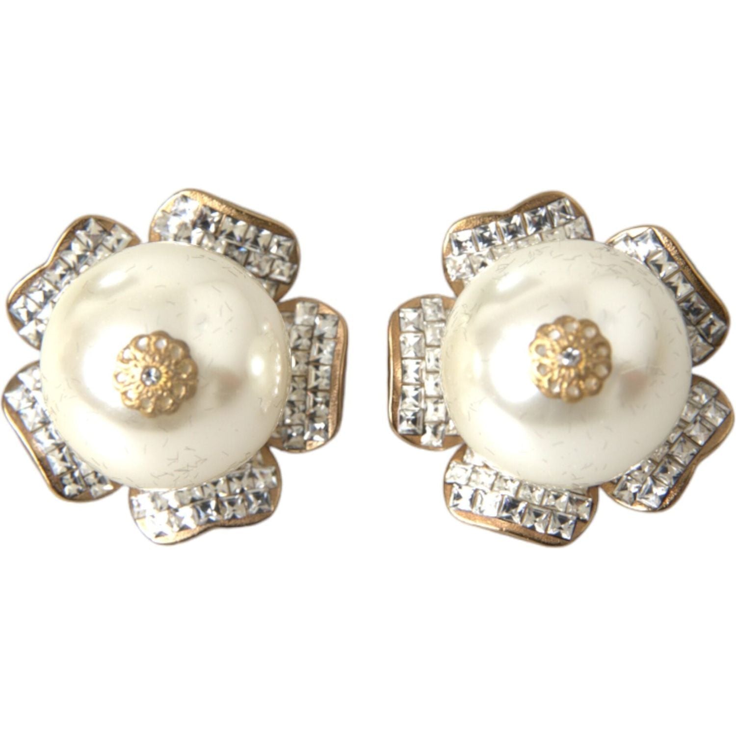 Dolce & Gabbana Gold Tone Maxi Faux Pearl Floral Clip-on Jewelry Earrings