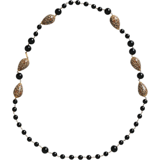 Dolce & Gabbana Gold Tone Brass Black Printed Beaded Long Chain Necklace Necklace