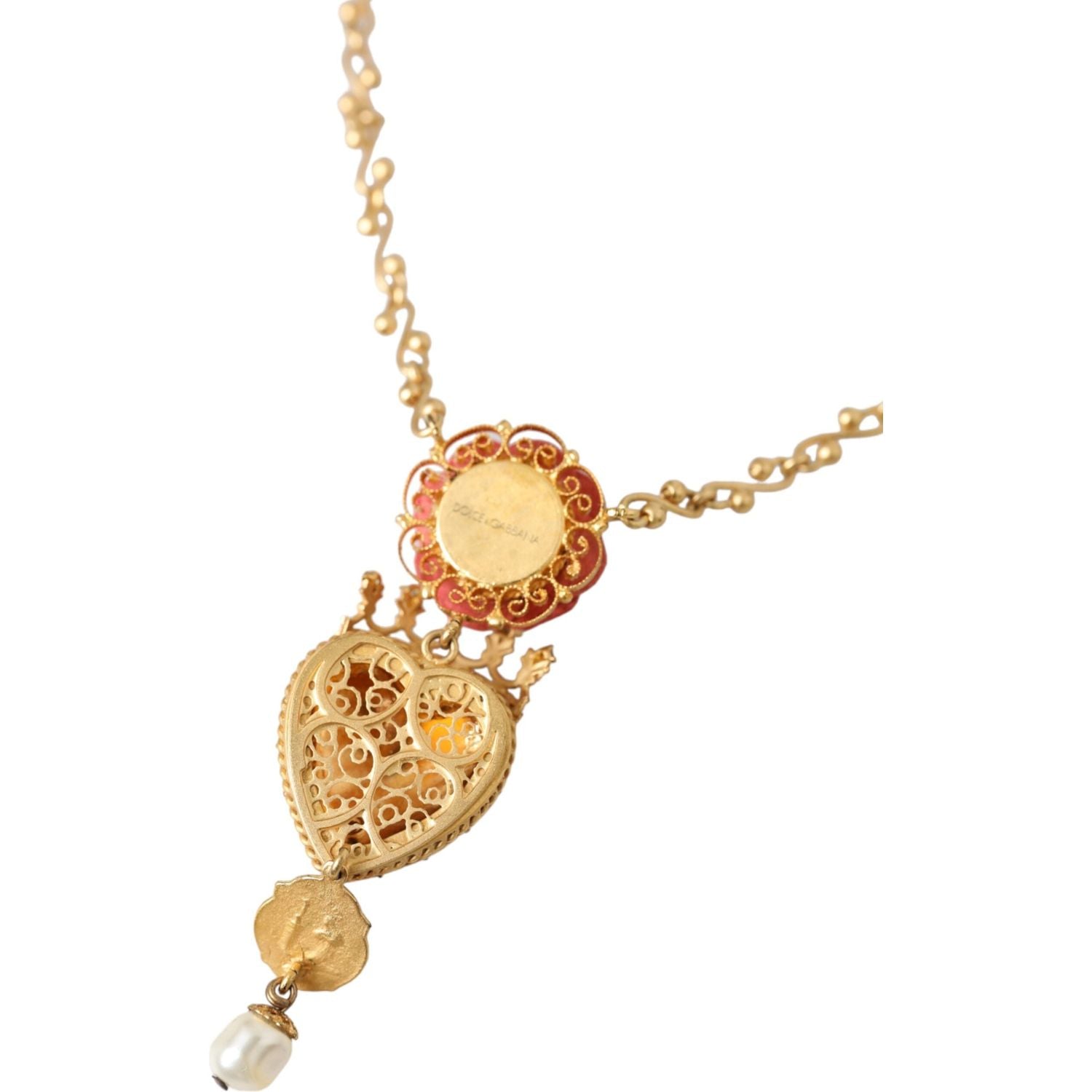 Dolce & Gabbana Gold BrassChain Sacred Heart Rose Crystal Charm Necklace