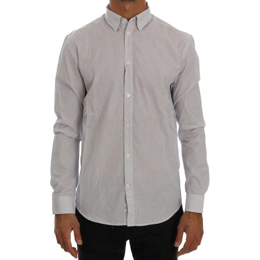 Frankie Morello Elegant White & Blue Striped Casual Shirt Frankie Morello Dark Gray