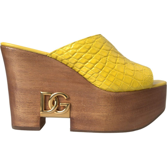 Dolce & Gabbana Yellow Leather Wood Mule Wedge Slides Shoes LA11014-39.5