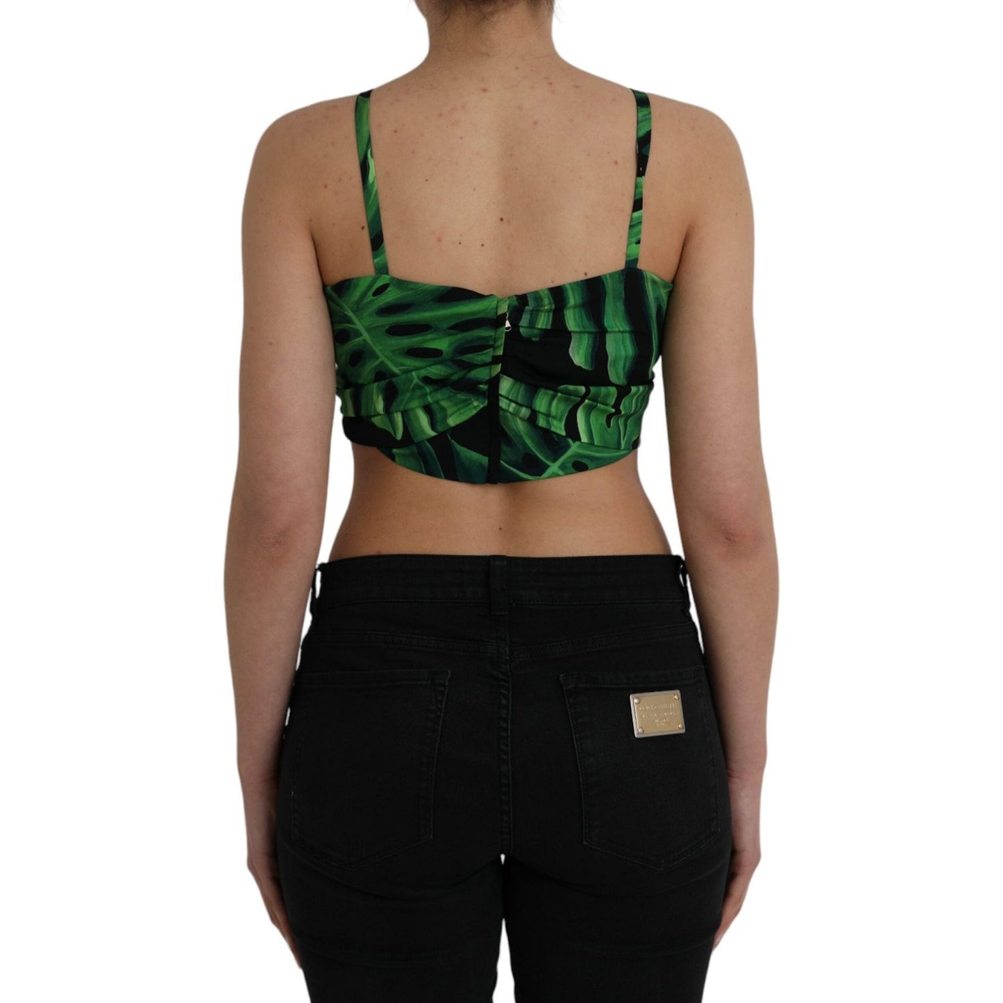 Dolce & Gabbana Black Green Leaf Silk Halter Cropped Top