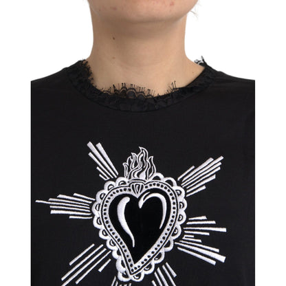 Dolce & Gabbana Black Sacred Heart Print Cotton Lace T-shirt