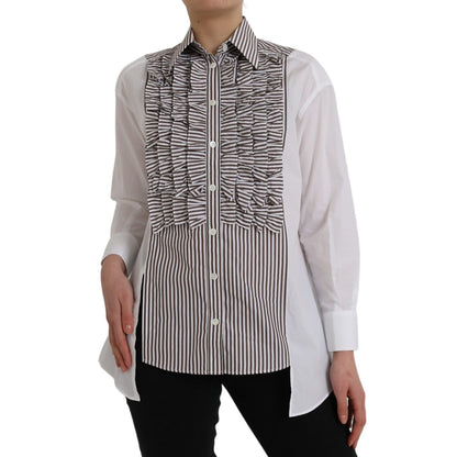 Dolce & Gabbana White Stripes Cotton Long Sleeves Ruffle Collar Top