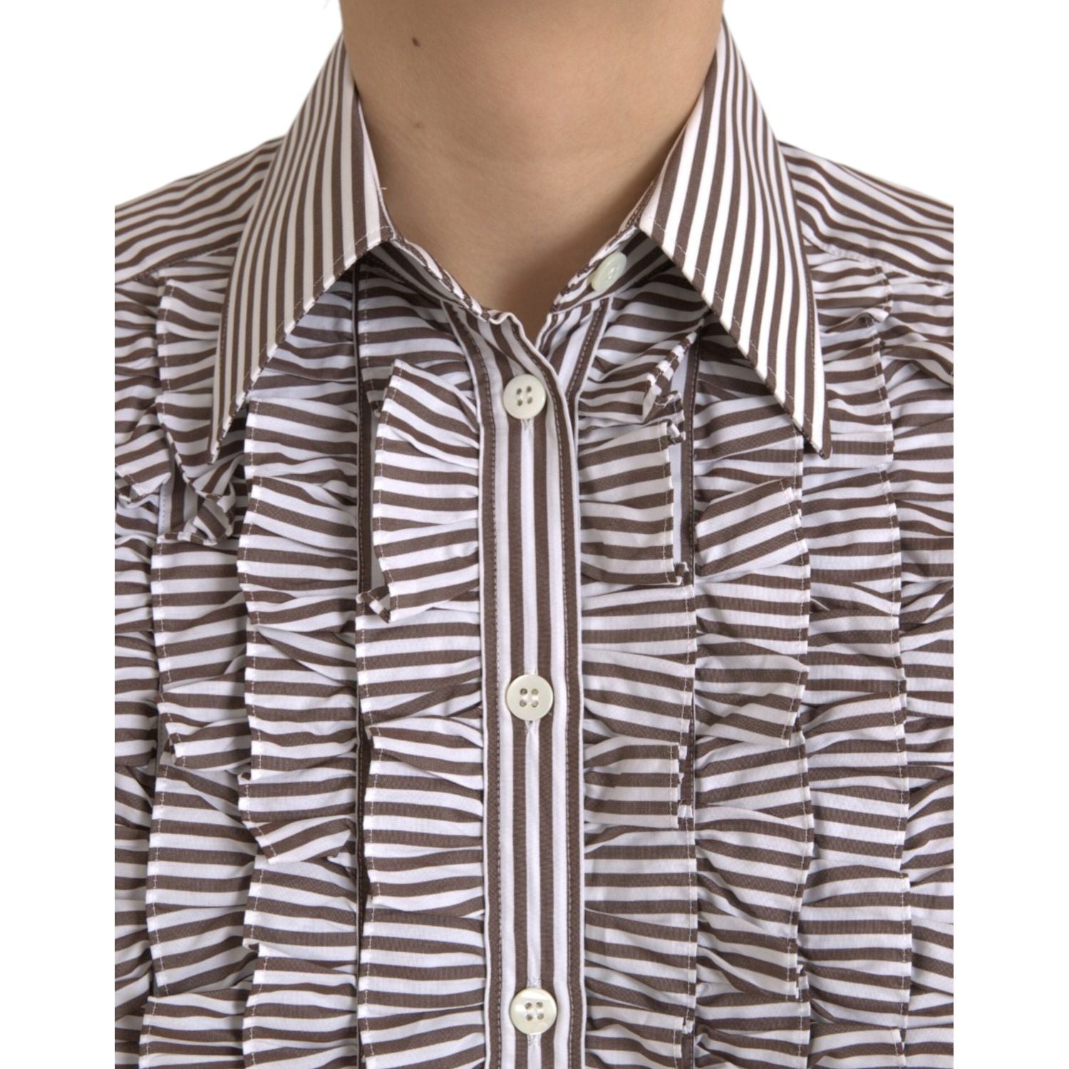 Dolce & Gabbana White Stripes Cotton Long Sleeves Ruffle Collar Top