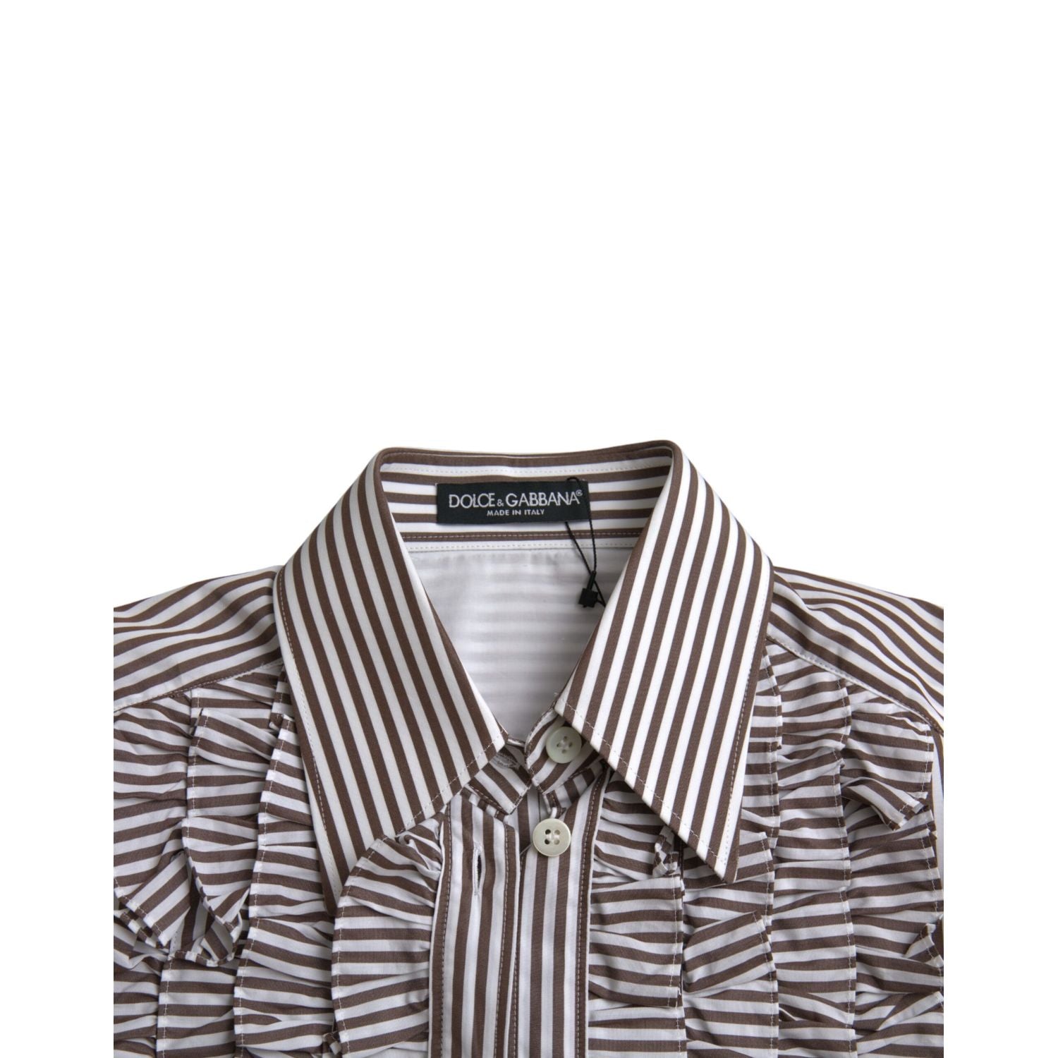 Dolce & Gabbana White Stripes Cotton Long Sleeves Ruffle Collar Top