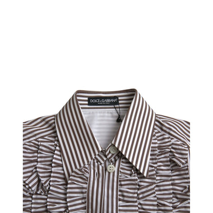 Dolce & Gabbana White Stripes Cotton Long Sleeves Ruffle Collar Top