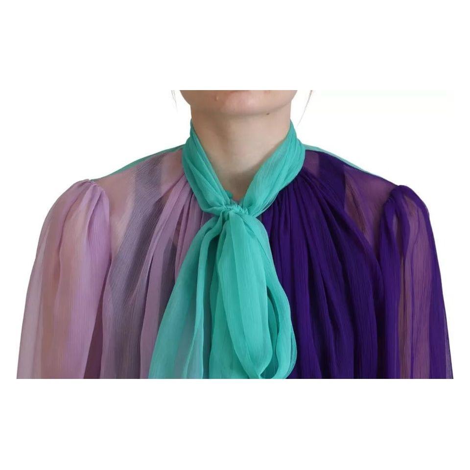 Dolce & Gabbana Multicolor Long Sleeves Ascot Collar Silk Top
