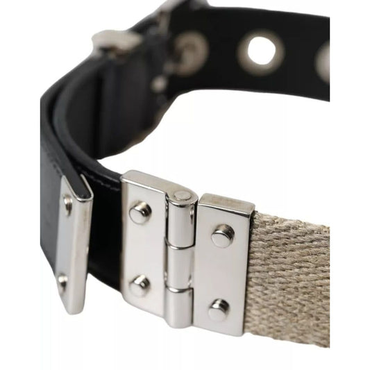 Dolce & Gabbana Black Leather Beige Strap Silver Metal Buckle Belt BEL9096-65