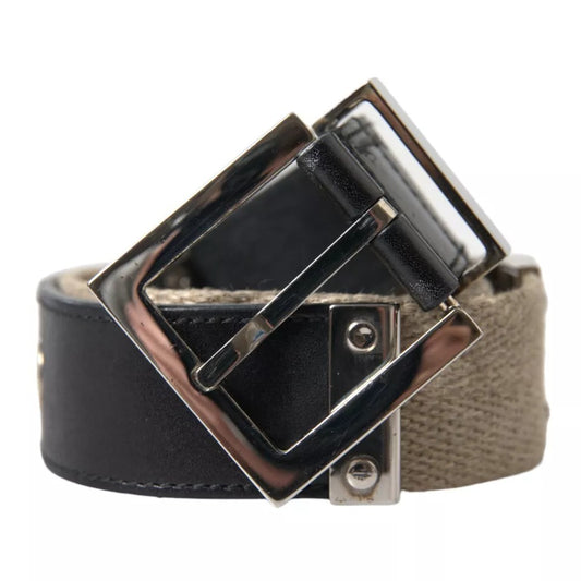 Dolce & Gabbana Black Leather Beige Strap Silver Metal Buckle Belt BEL9096-65