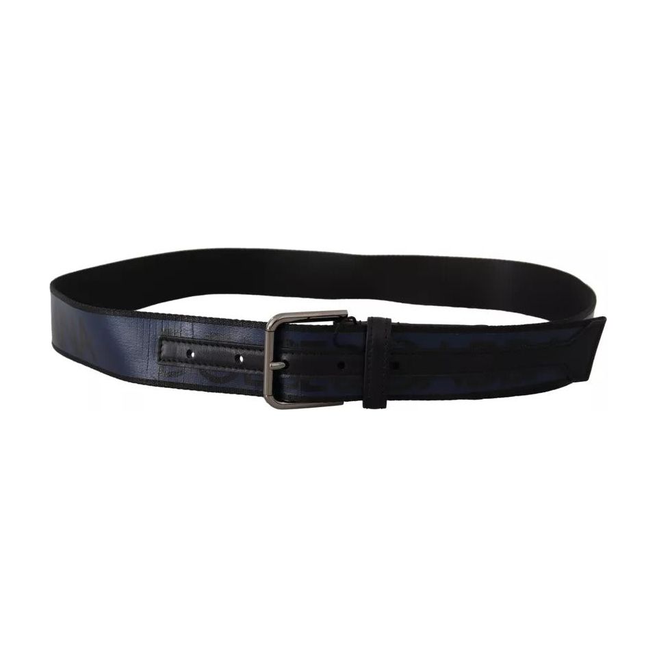 Dolce & Gabbana Blue Black Logo Print Silver Buckle Belt