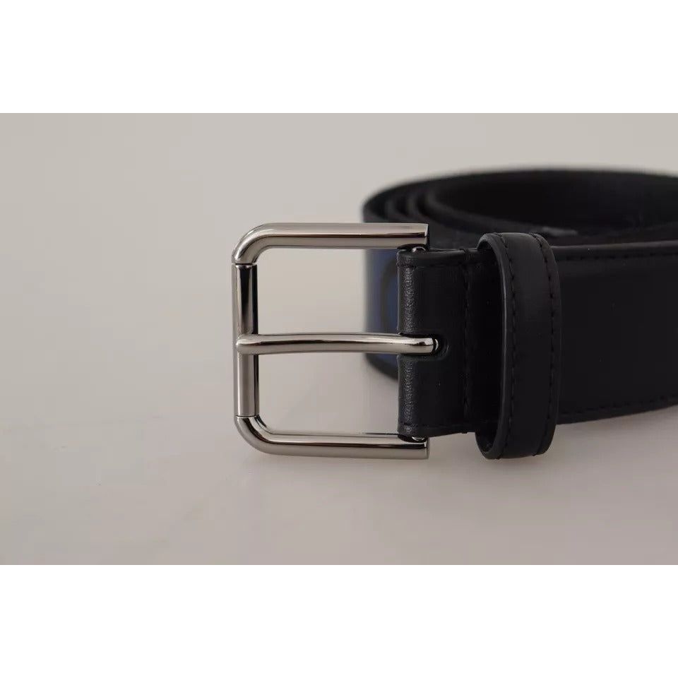 Dolce & Gabbana Blue Black Logo Print Silver Buckle Belt
